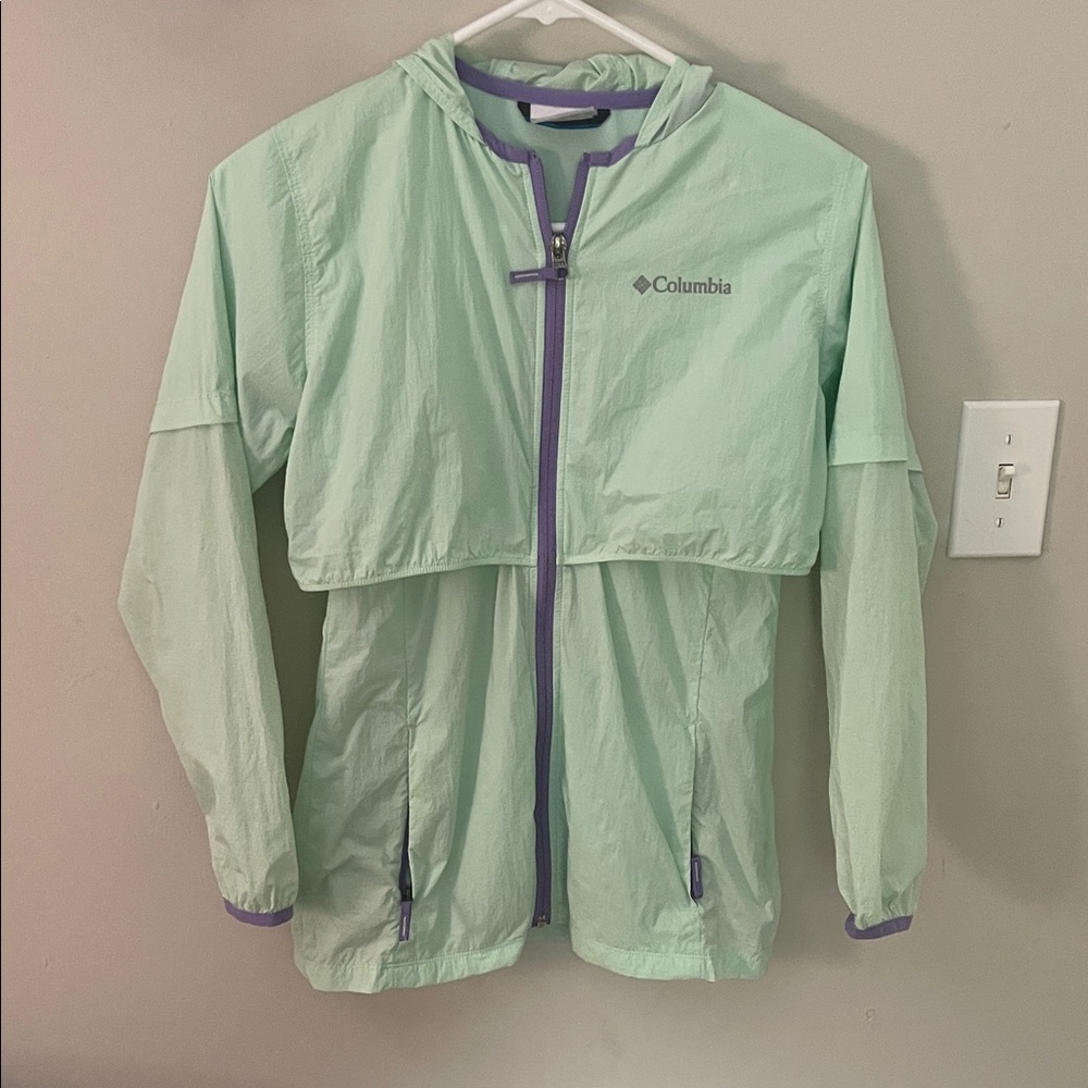 Columbia Kids Light Green Raincoat with Purple Trim